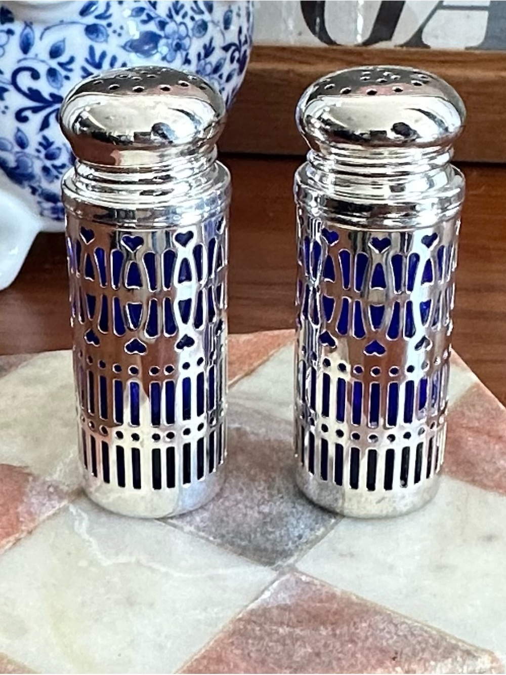 Silver Plated Blue Glass Inset Salt & Pepper Shaker Set - Elegance Silver VTG